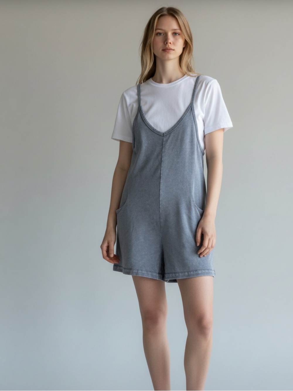 Sincerly Jules Blue Acid Washed Shorts Overalls